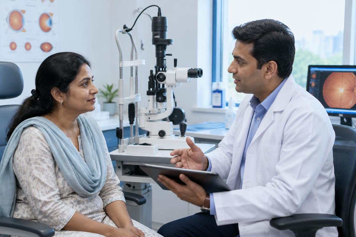 Ophthalmologist conducting a detailed eye health consultation with a patient
